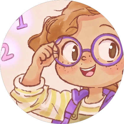 Ada mit hellbraunen Locken und runder lila Brille, lacht und hält die Brille fest. Daneben schweben die Zahlen 1 und 2.