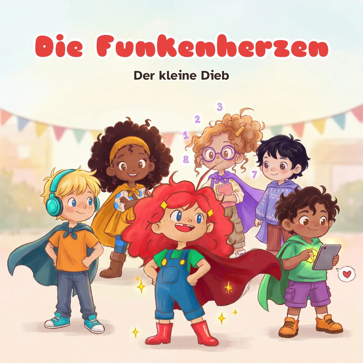 Buchumschlag von „Die Funkenherzen – Der kleine Dieb“: Sechs Kinder stehen vor bunten Wimpelketten. In der Mitte Ronja mit roten Locken, Latzhose und rotem Umhang. Um sie herum Theo mit türkisem Gehörschutz, Mila mit gelbem Haarband, Ada mit lila Brille, Nuri im blauen Kapuzenpullover und Jaro mit einem Tablet, neben dem eine Sprechblase mit Herz schwebt.